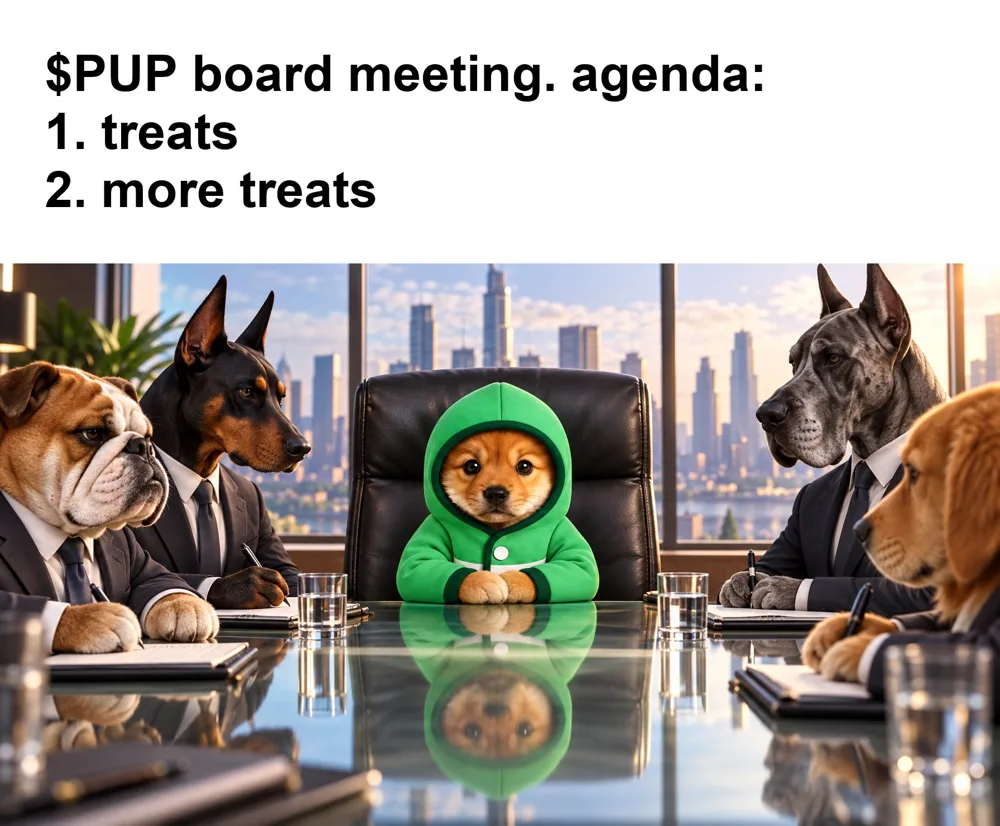 Meme: PUP chairing a boardroom meeting of suited dogs