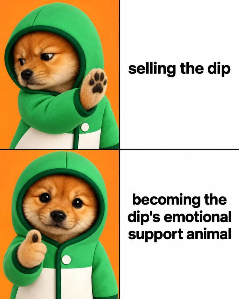 Meme: PUP rejects selling the dip, approves becoming the dip's emotional support animal