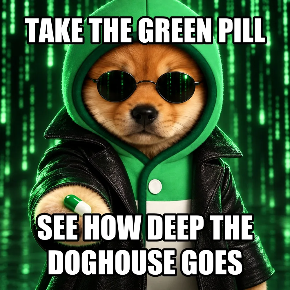 Meme: PUP in sunglasses offers the green pill: see how deep the doghouse goes