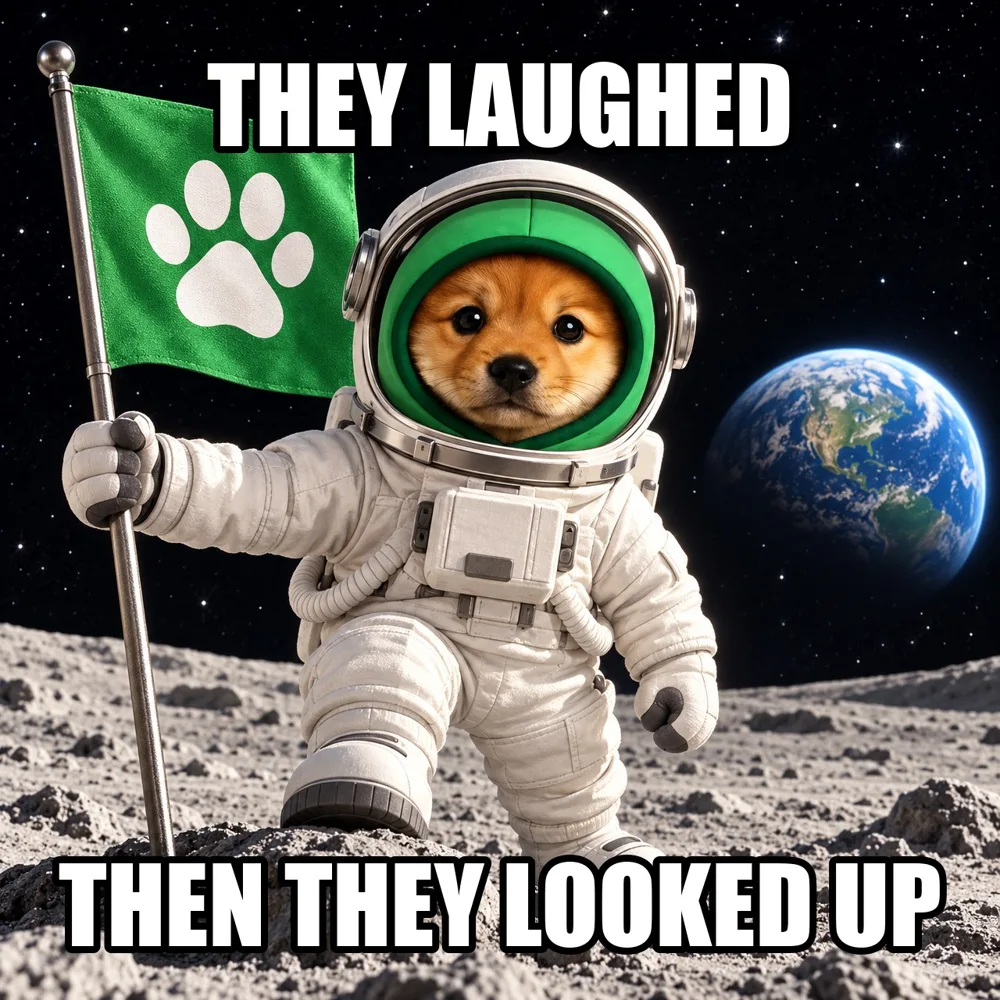 Meme: PUP as an astronaut planting a green paw flag on the moon
