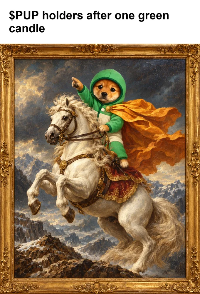 Meme: $PUP holders after one green candle, PUP on a rearing horse in an oil painting