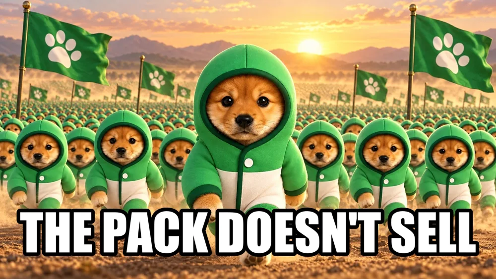 Meme: an army of hooded pups marching under green paw flags