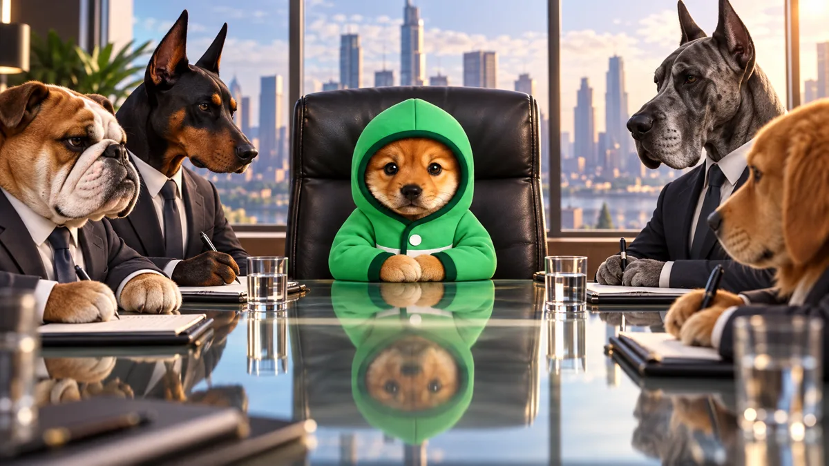 PUP chairing a board meeting with suited dogs around a glass table