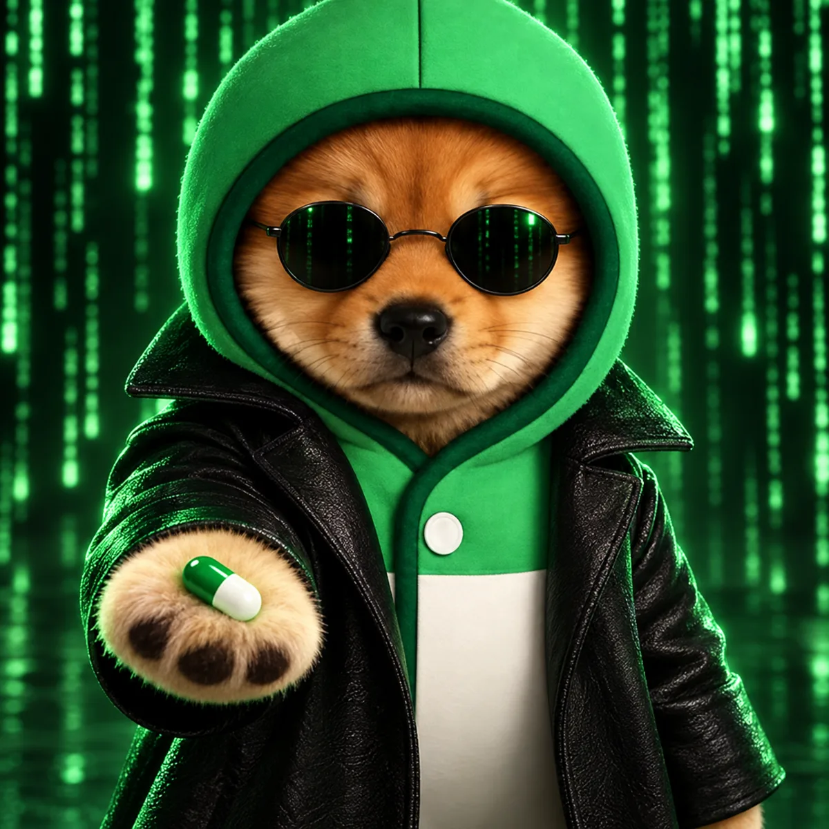 PUP in sunglasses and a leather coat holding out a green pill