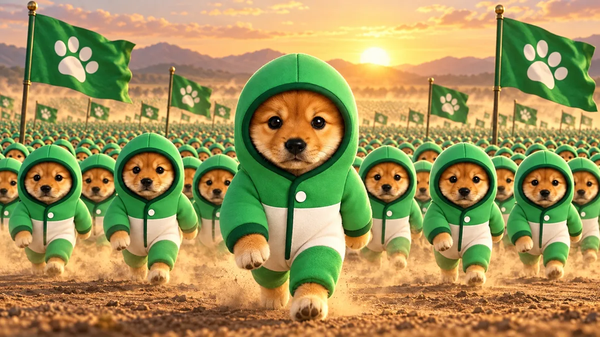 An army of hooded PUPs charging forward under green paw flags at sunset